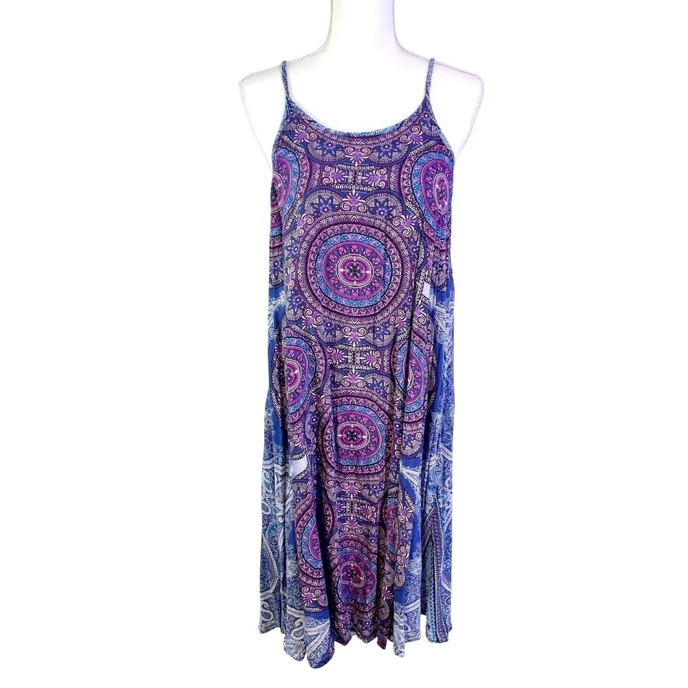Boho Slip Dress Womens M Midi Festival Summer Flowy Beach Colorful Purple Blue‎